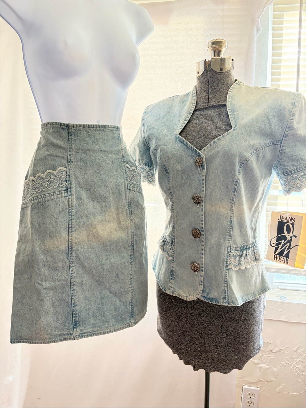 Vintage 90s Jeans Wear light acid-wash denim top & skirt, new old stock
